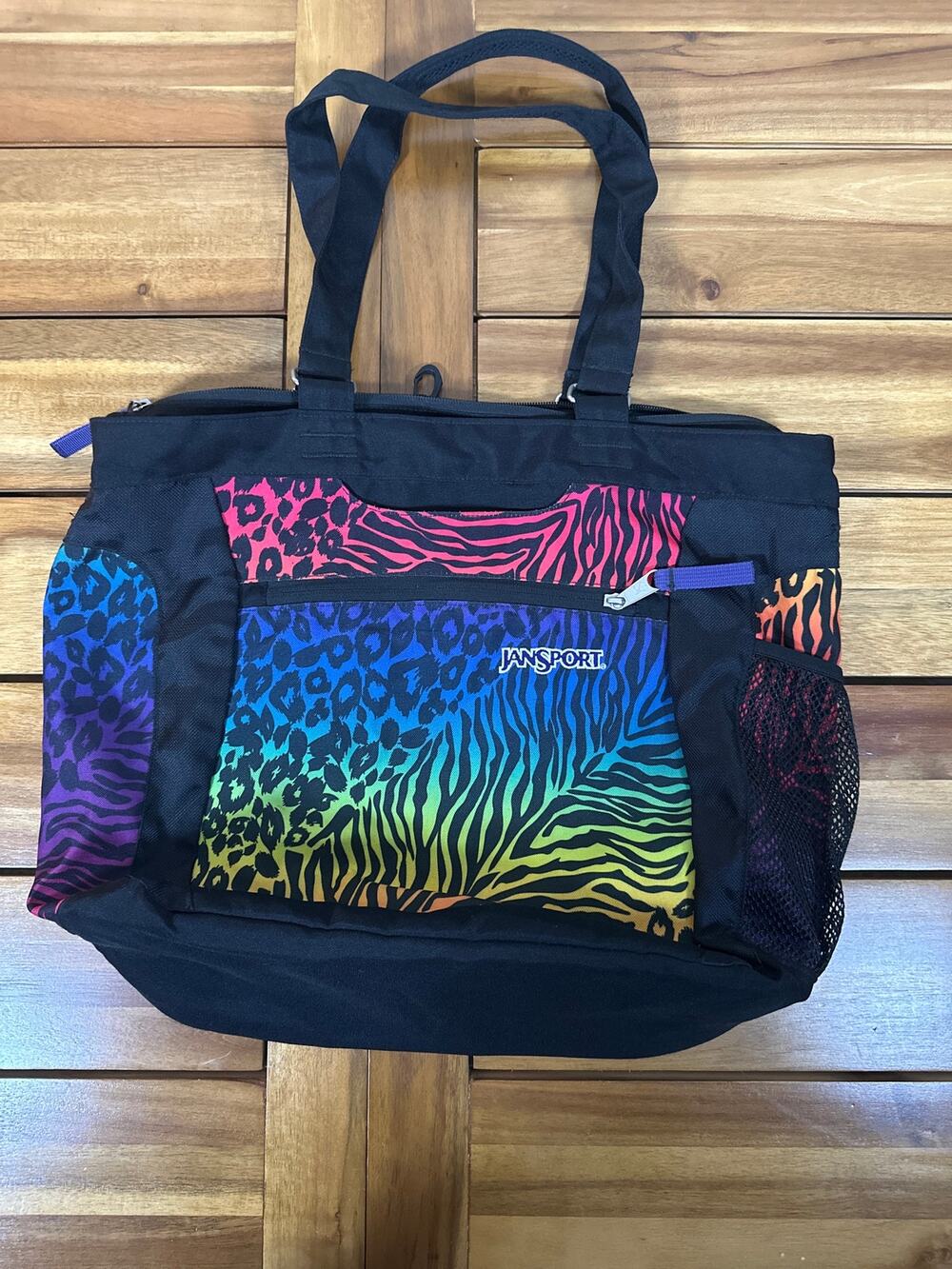 Vintage JanSport Rainbow Animal Print Tote Bag Y2K Zebra Leopard Neon